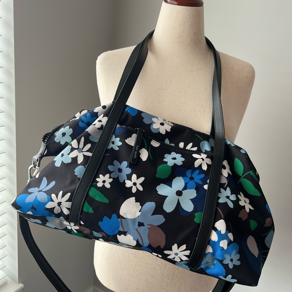 Kate Spade Black and Blue Floral Zippered Weekender Bag